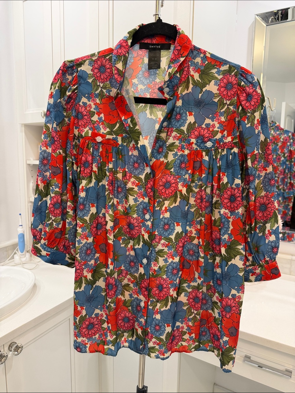 Smythe Multi-Color Floral Button-Front Tunic — Red, Blue, Pink